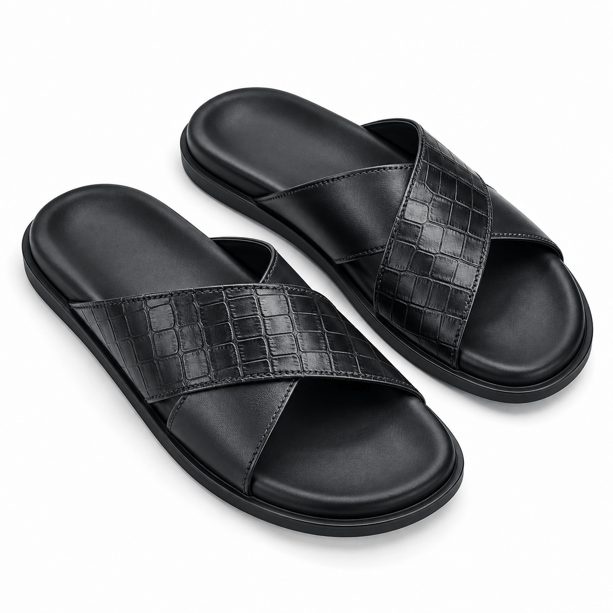 Men's Lucien Croc-Embossed Cross-Strap Slippers