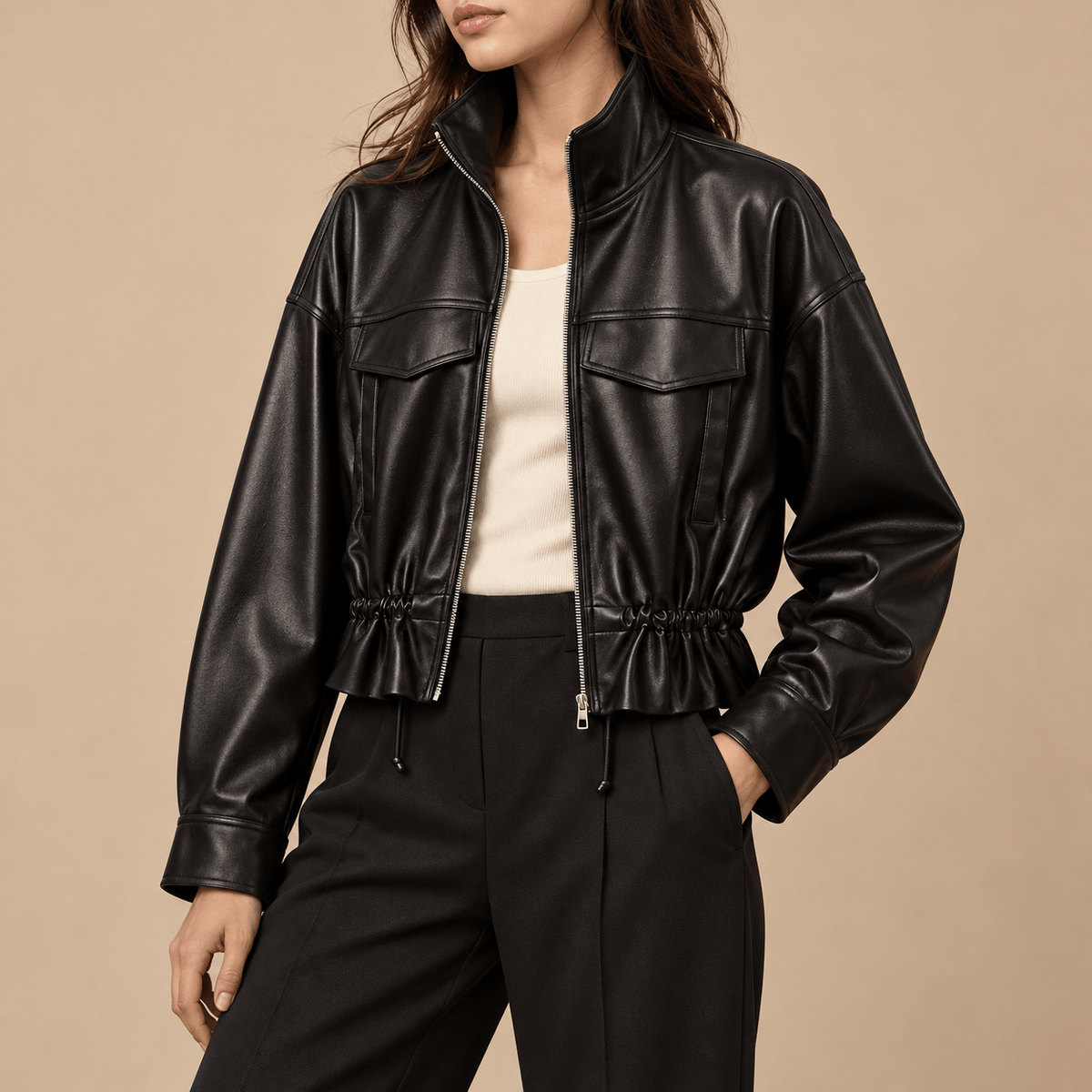 Women's Marcella Cinched-Hem Leather-Look Utility Jacket