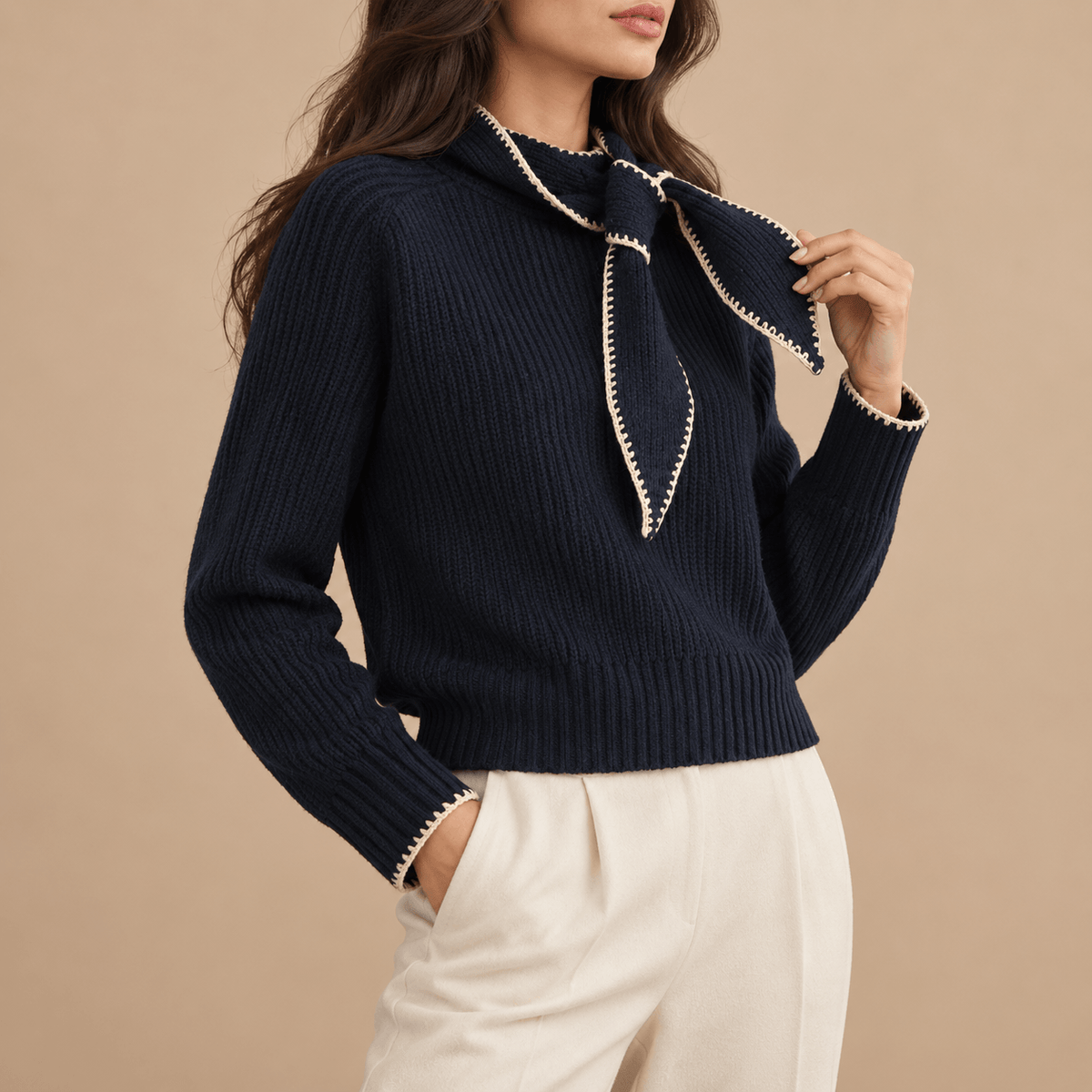 Women's Elodie Bow-Neck Ribbed Knit Jumper