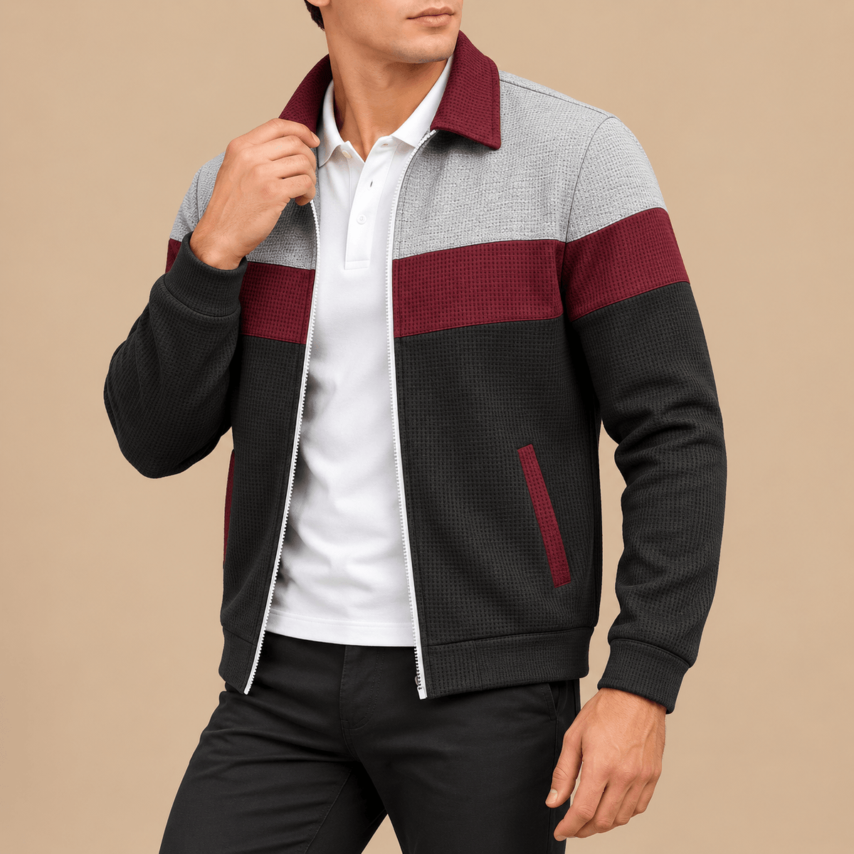 Men's Leandro Waffle-Knit Colour-Block Jacket