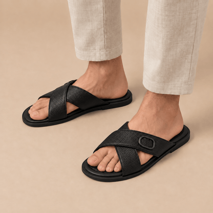 Men's Dorian Buckle-Detail Cross-Strap Slides