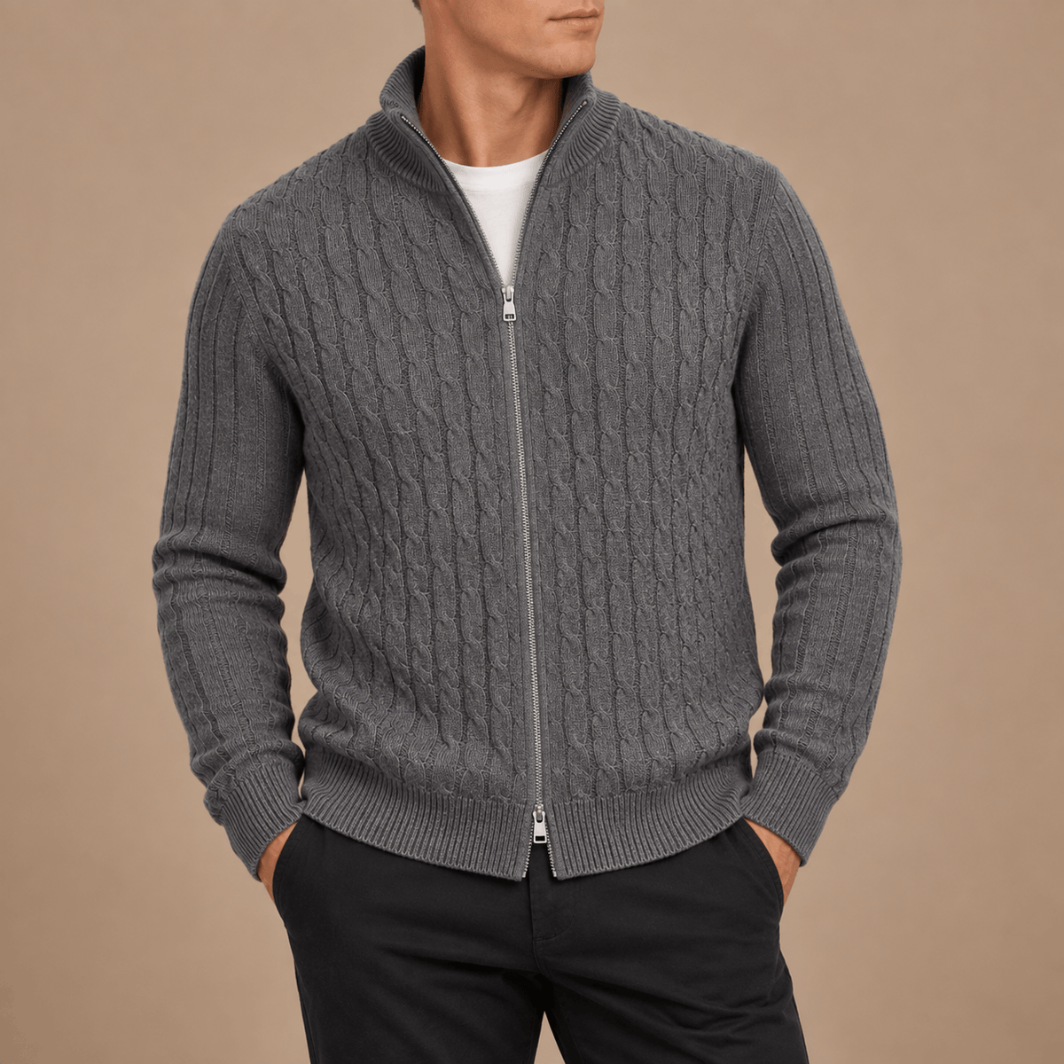Men's Elias Wool Cable-Knit Zip Cardigan