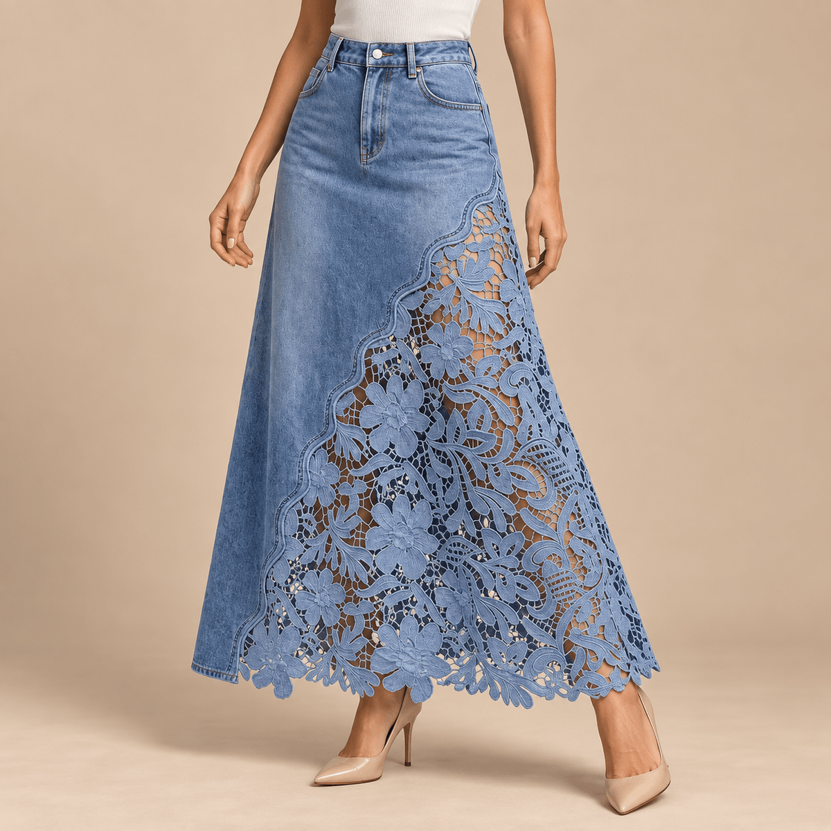 Women's Mirelle Floral Cutwork Denim Maxi Skirt