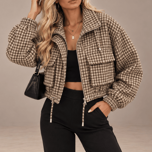 Women's Houndstooth Cropped Jacket – Stand Collar Zip Up Short Coat with Drawstring