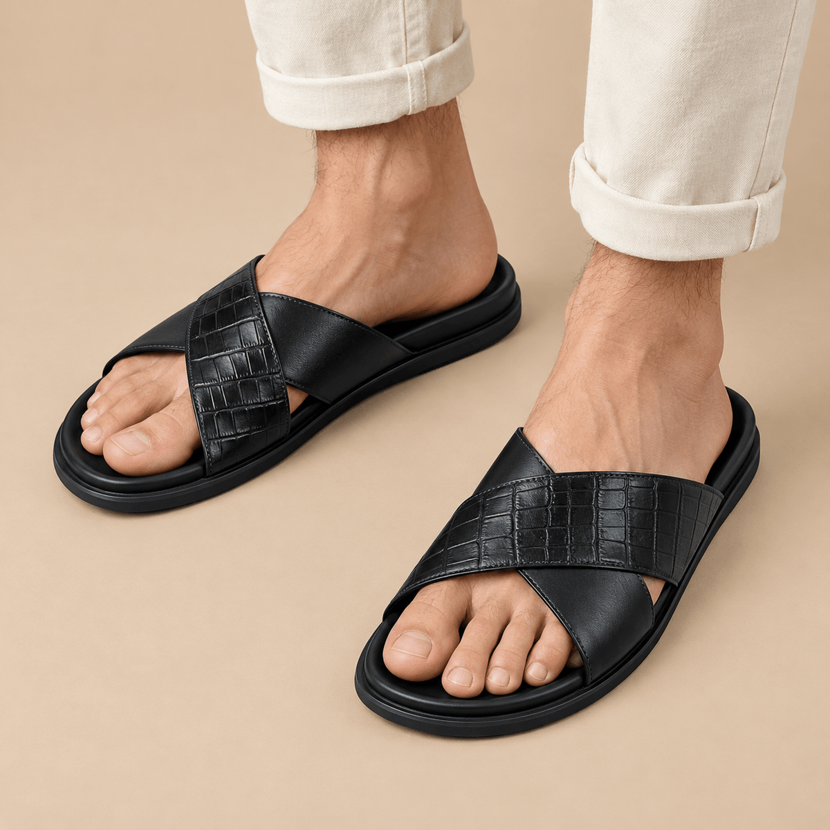 Men's Lucien Croc-Embossed Cross-Strap Slippers