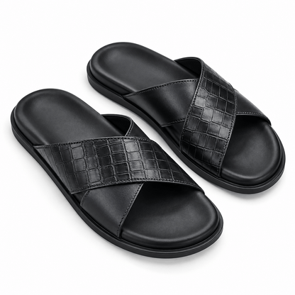 Men's Lucien Croc-Embossed Cross-Strap Slippers
