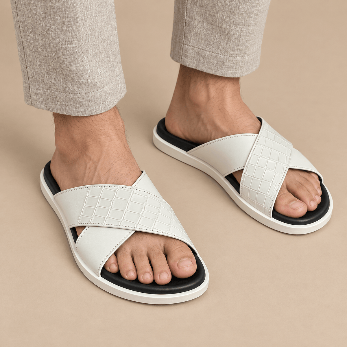 Men's Lucien Croc-Embossed Cross-Strap Slippers