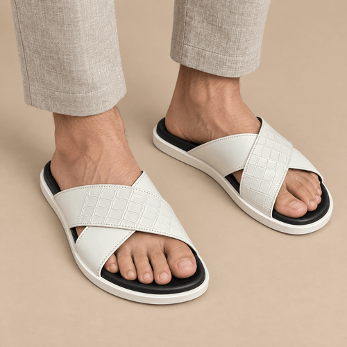 Men's Lucien Croc-Embossed Cross-Strap Slippers