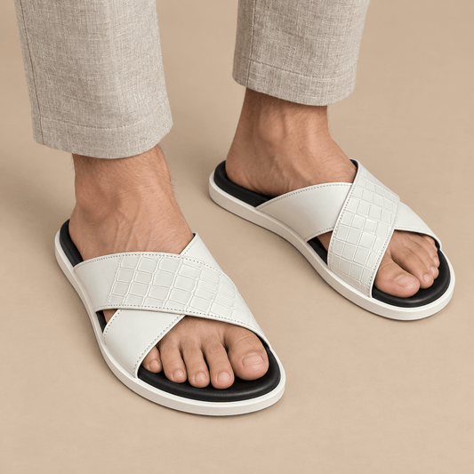 Men's Lucien Croc-Embossed Cross-Strap Slippers