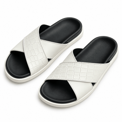 Men's Lucien Croc-Embossed Cross-Strap Slippers